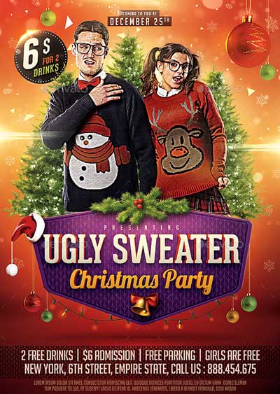 Ugly Christmas Sweater Party Flyer Template for Photoshop