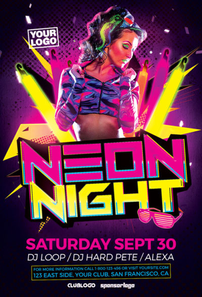 Neon Party Flyer Template for Electro Club Party Events - FFFLYER