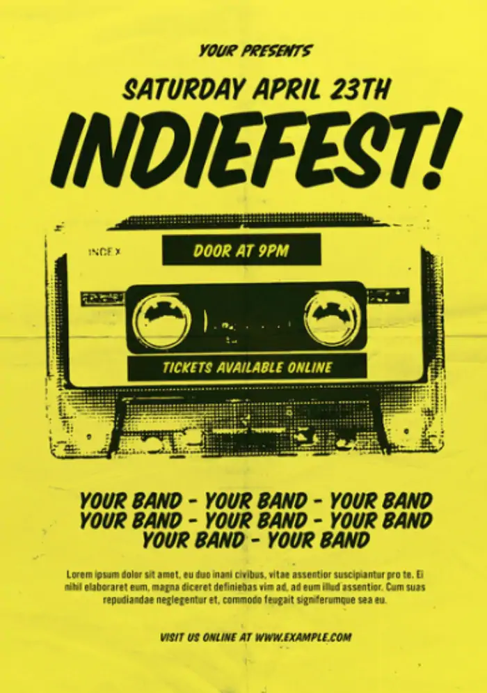 Yellow Indie Flyer with Retro Cassette Tape Illustration