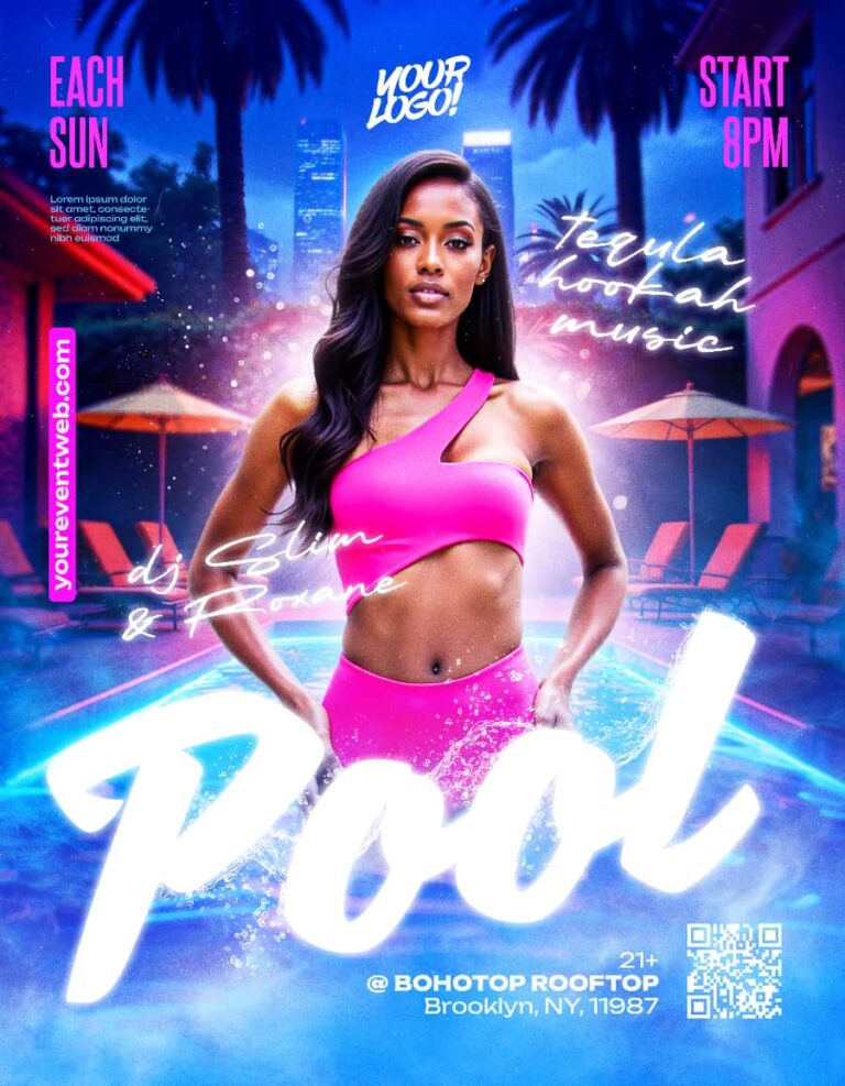Blue Neon Pool Party Free Flyer Template