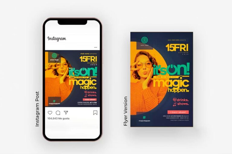 It’s On Instagram Post and Flyer PSD Template with bold orange, green, and blue colors – ideal for party promotions and event marketing.