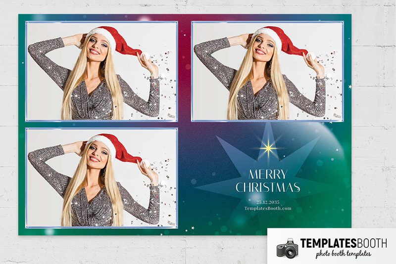 Abstract Christmas Party photo booth template: landscape Christmas print with three photos and greeting panel