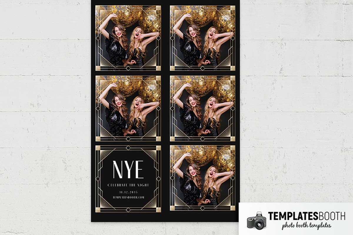 Art Deco New Year's Eve photo booth template with black artwork, gold geometric frames, fan corners, and two photos