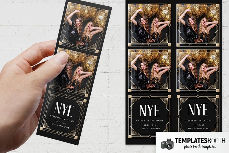 Art Deco New Years Eve photo booth template: two-photo strips held in a hand and displayed on wall