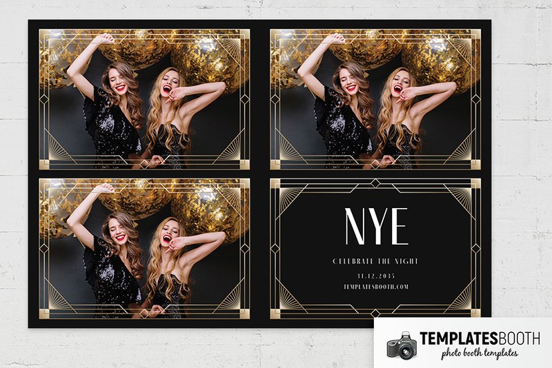 Art Deco New Years Eve photo booth template: landscape print with three photos and NYE text on wall