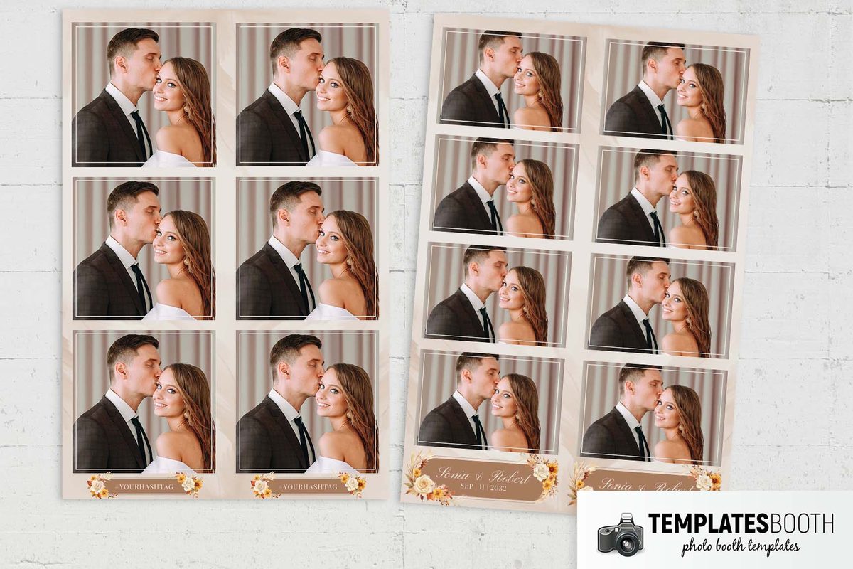 Autumn wedding photo booth strip with two photo openings, a brown name panel, cream roses and dried grasses