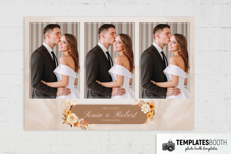 Autumn Wedding photo booth template: landscape print with three upright photos on a white table