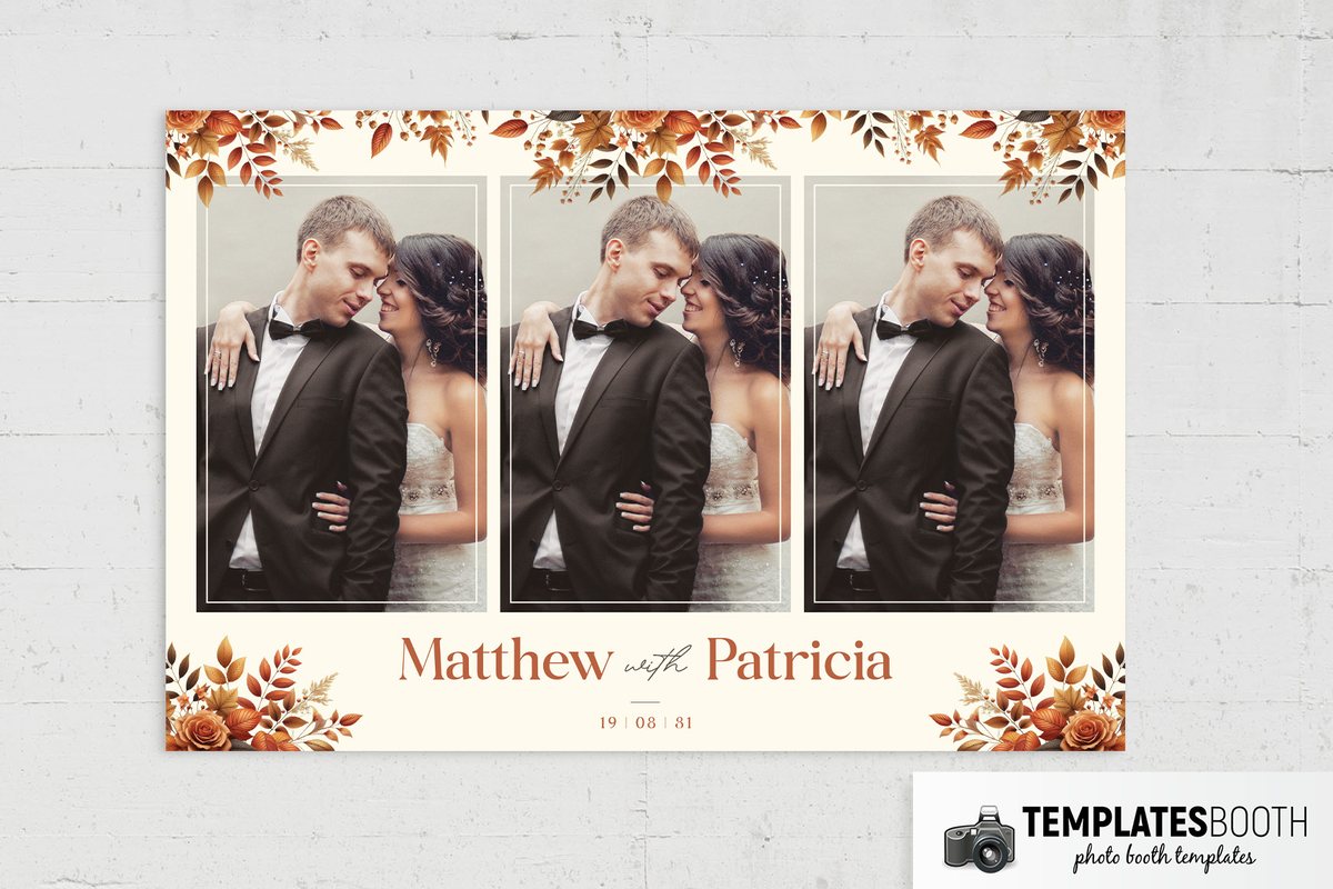 Cream autumn wedding photo strip template with orange roses, berries, grasses and two outlined photo openings