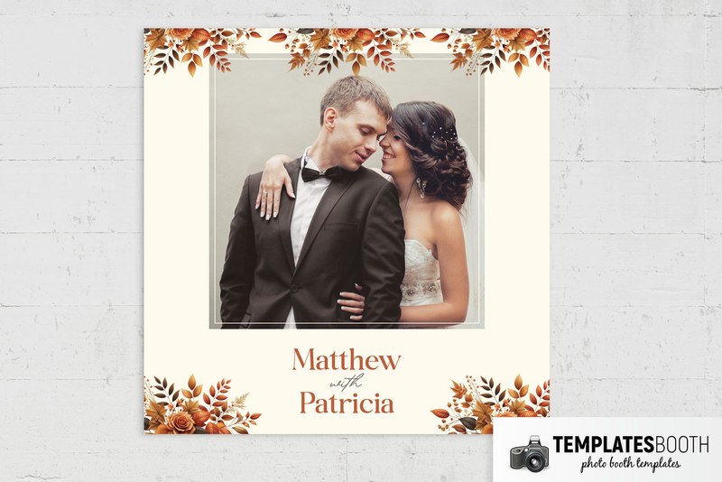 Autumnal Wedding photo booth template: square print with one photo and autumn floral borders