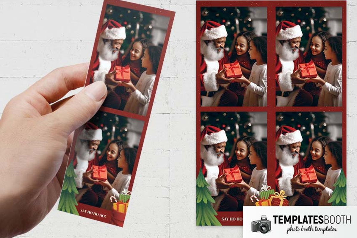 Christmas photo booth template with red and gold-flecked borders, green fir trees, presents and a seated Black Santa