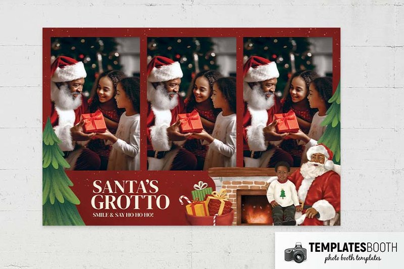 Black Santa's Grotto photo booth template: landscape Christmas layout with three photos above Santa's Grotto text