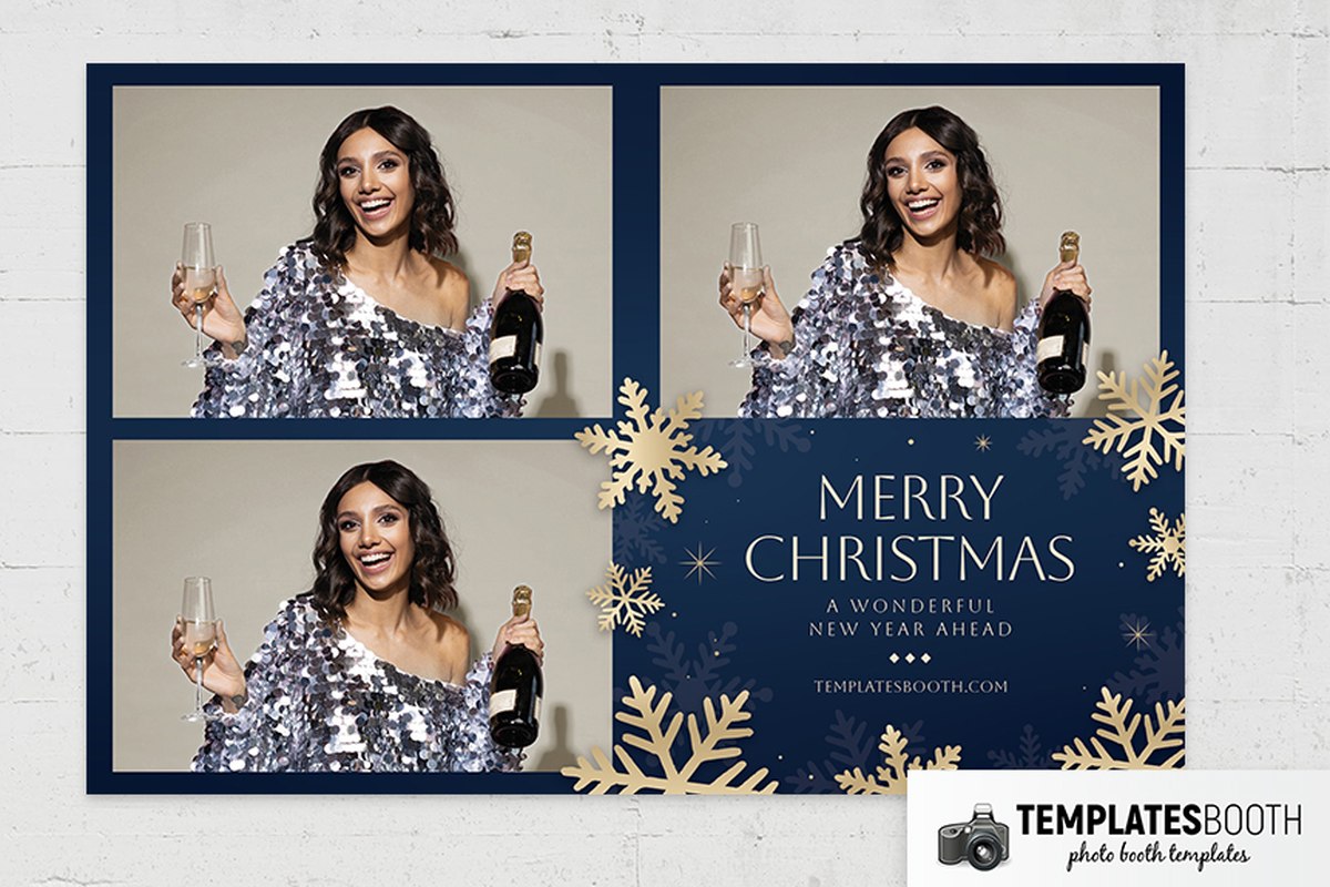 Christmas photo booth template with dark blue borders, gold and blue snowflakes, starbursts and stacked photos