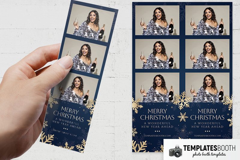 Blue & Gold Christmas photo booth template: three-photo Christmas strip held beside two matching strips