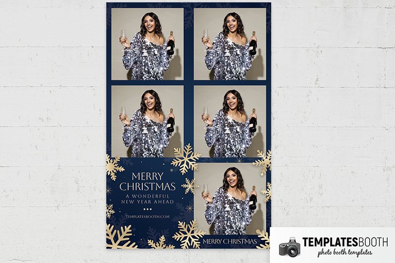 Blue & Gold Christmas photo booth template: portrait Christmas print with five photos on a white surface