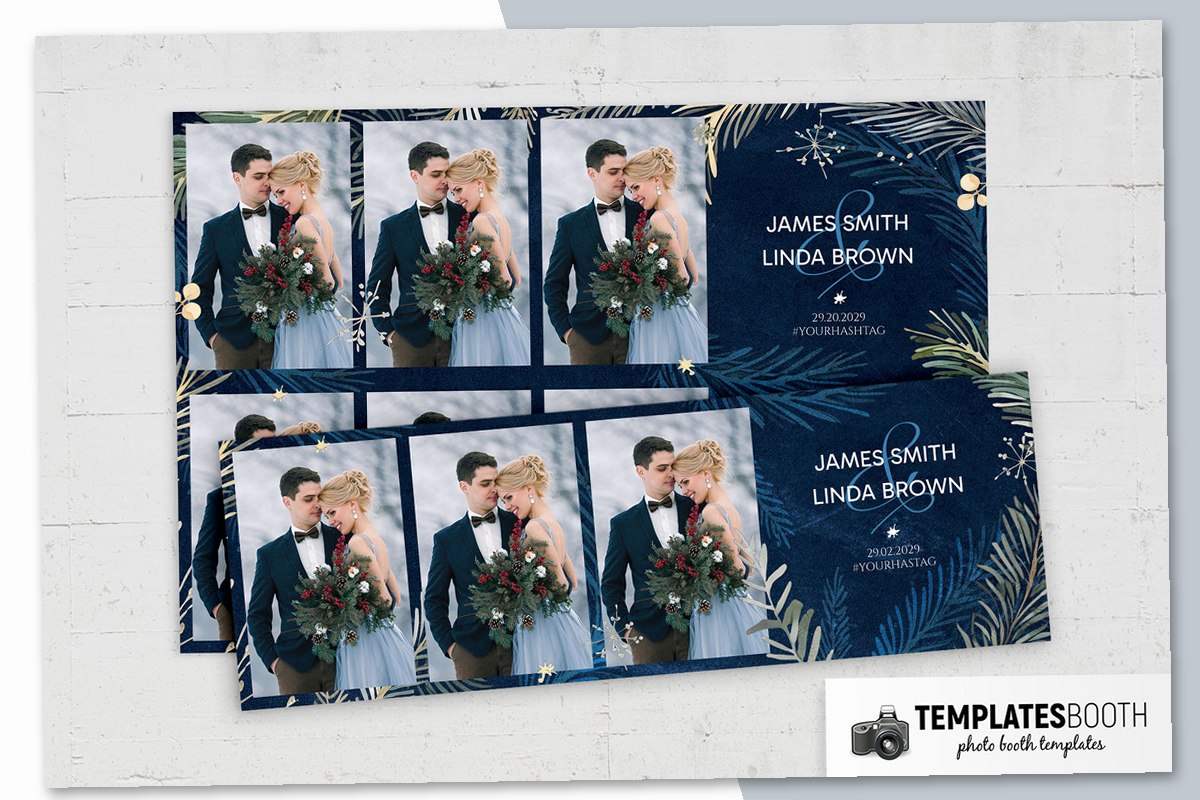 Blue Winter Wedding photo booth template with a navy background, evergreen sprigs, pale leaves, and branching snowflakes