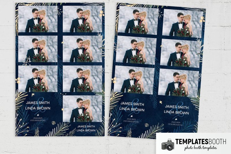 Blue Winter Wedding photo booth template: three-photo and four-photo strips with navy botanical borders