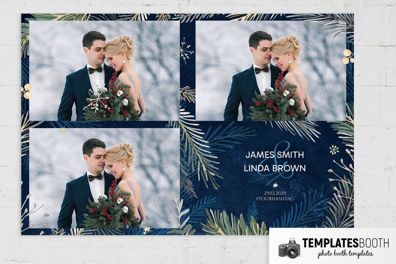 Blue Winter Wedding photo booth template: landscape print with three photos and a navy text panel