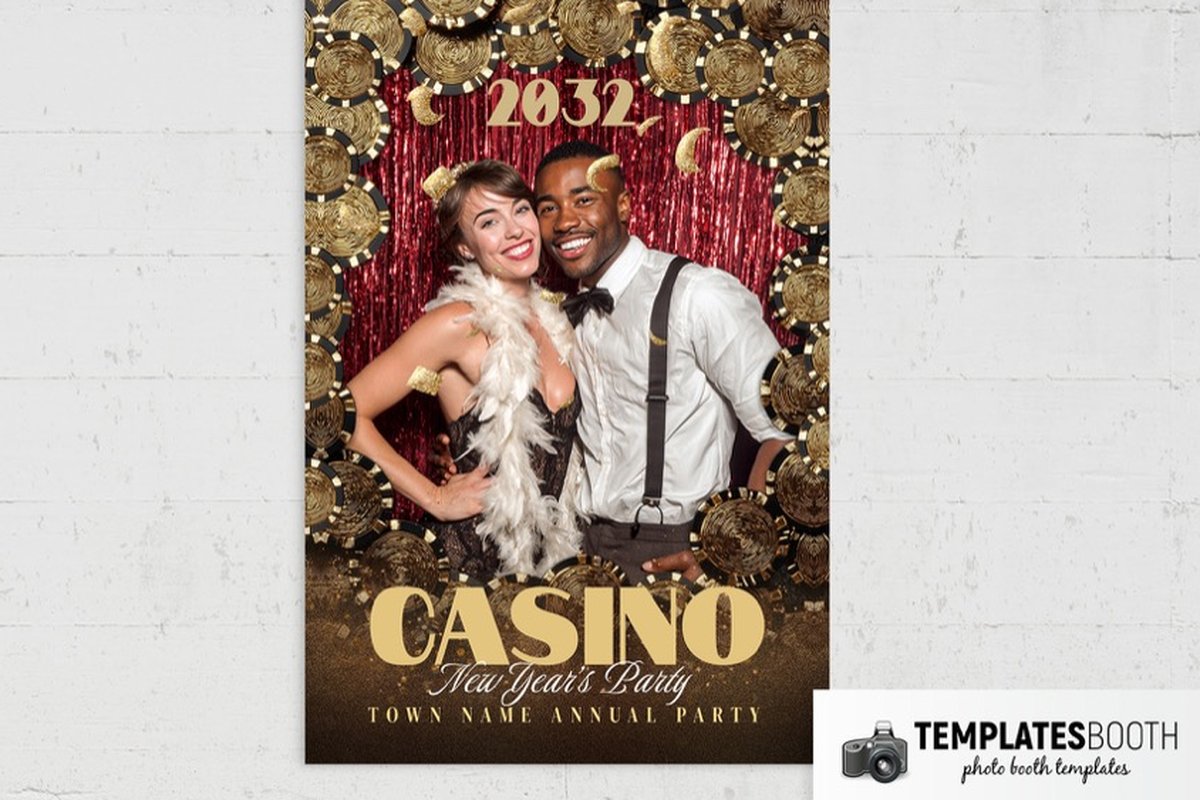 Casino Chips photo booth template with gold chip clusters around a photo opening and a dark brown, gold-speckled footer