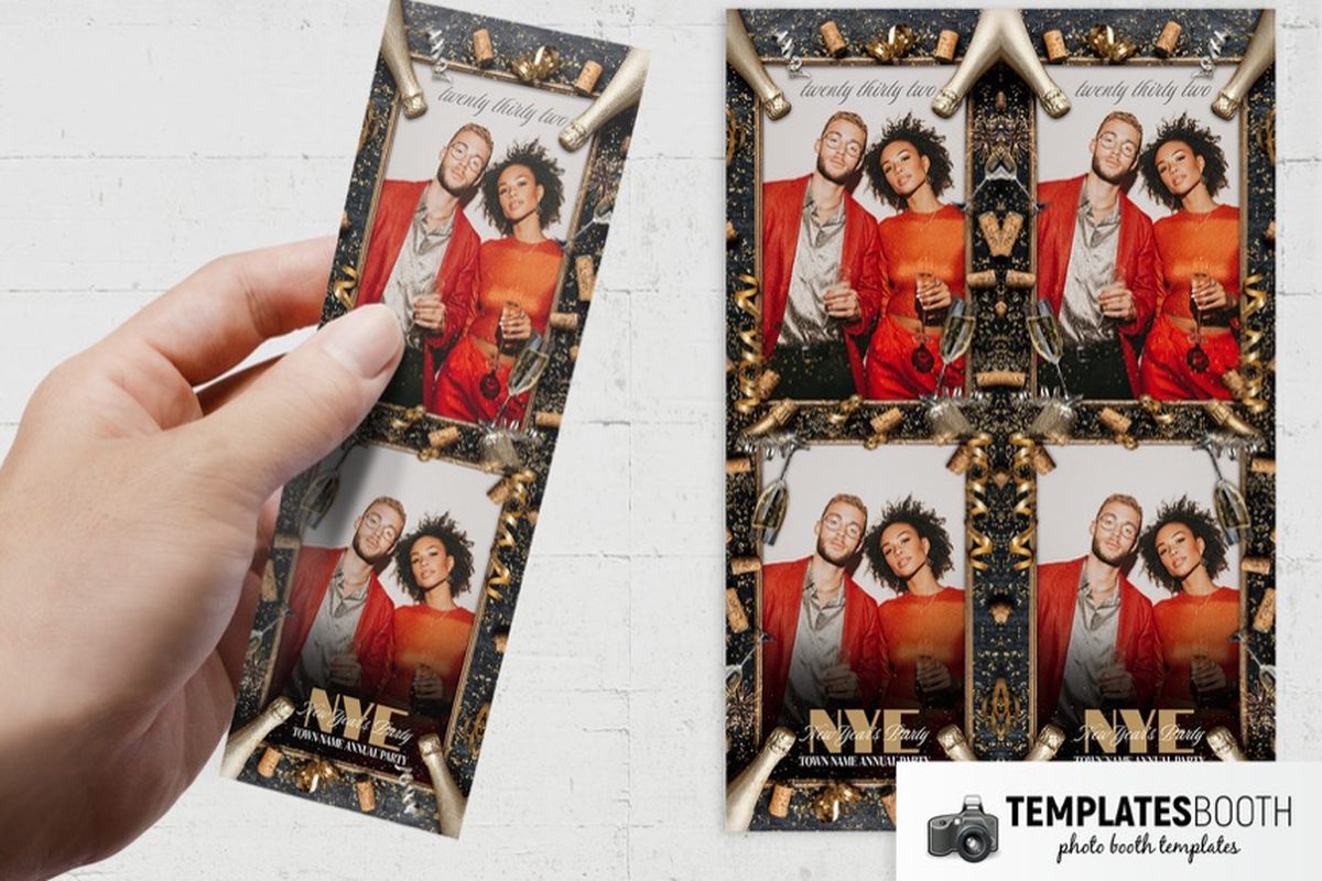 Champagne Party photo booth template with two stacked photos surrounded by bottles, flutes, corks, gold ribbons, and speckles
