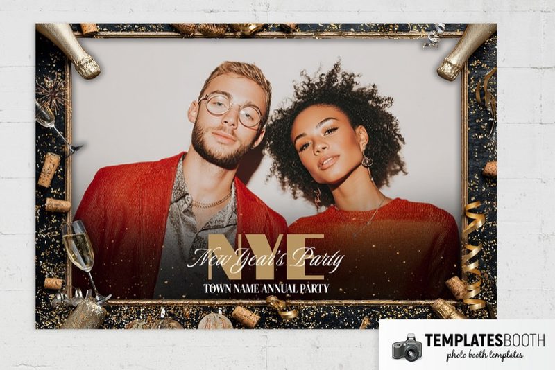 Champagne Party photo booth template: landscape print with one photo and gold New Year's decorations