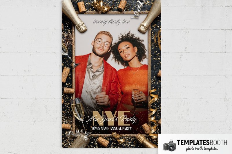 Champagne Party photo booth template: portrait print with one photo and gold New Year's decorations