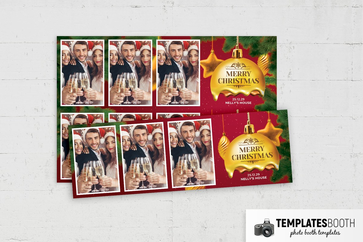 Red Christmas photo booth strip with stacked white-bordered photos, green foliage and a scalloped gold bauble