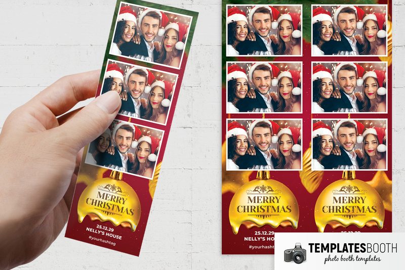 Christmas Bauble photo booth template: three-photo Christmas strip held beside two matching strips