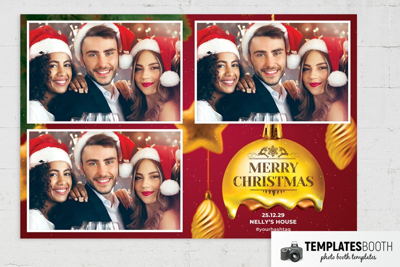 Christmas Bauble photo booth template: landscape Christmas print with three photos and gold ornament