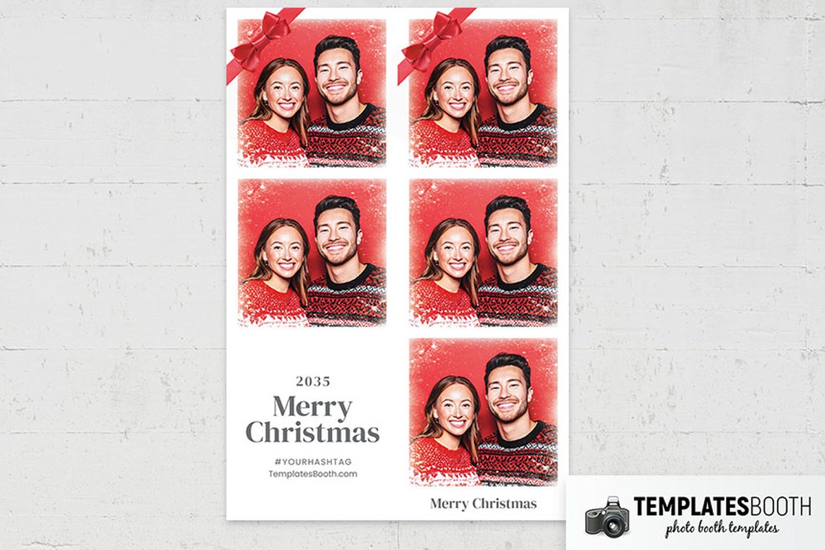 Christmas photo booth strip with two stacked openings, a red ribbon bow, white frost speckles and gray lettering