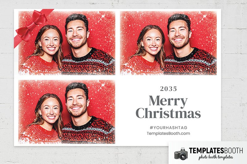 Christmas Bow photo booth template: landscape Christmas print with three photos and greeting