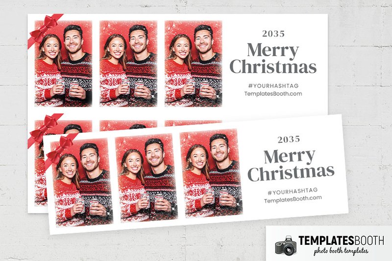 Christmas Bow photo booth template: horizontal Christmas strips with three photos and greeting on right