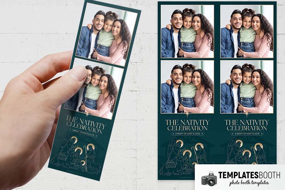 Nativity Christmas photo booth template with dark teal borders, cream text and gold outlines of figures and an angel