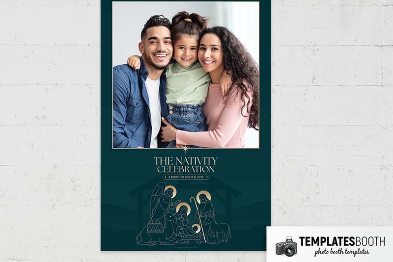 Christmas Nativity photo booth template: portrait print with one photo and nativity illustration on wall