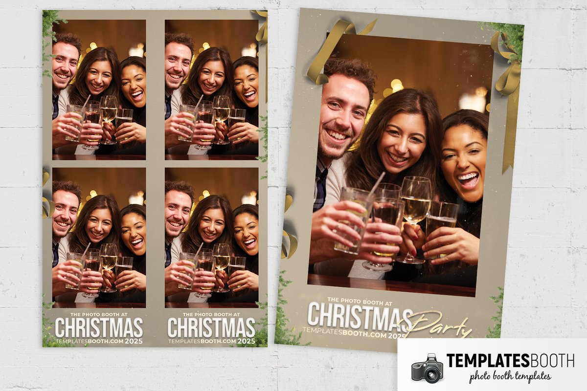 Beige Christmas photo booth strip with evergreen branches, curled gold ribbon, gold candles, a gift and pinecones