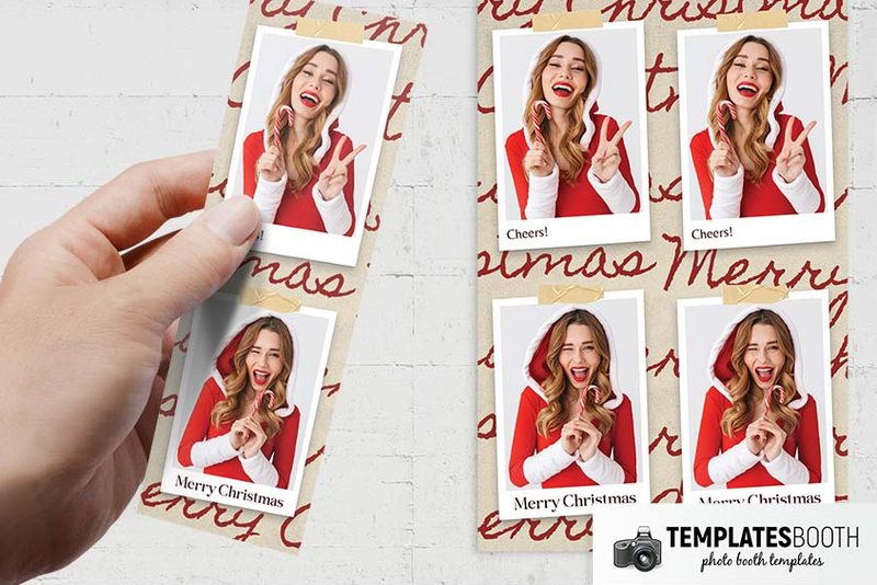 Christmas Party photo booth template: two-photo Christmas strips, one held in a hand