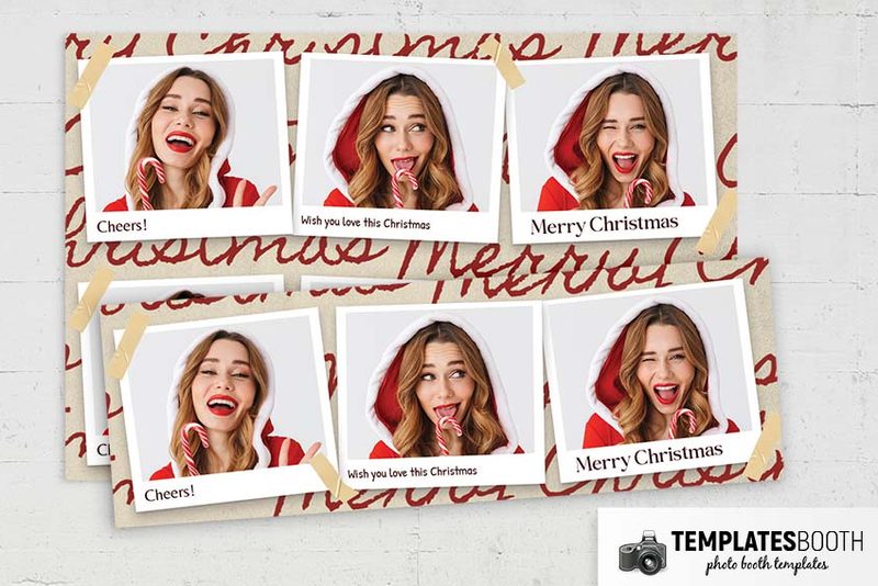 Christmas Party photo booth template: two overlapping horizontal Christmas strips with three photos each