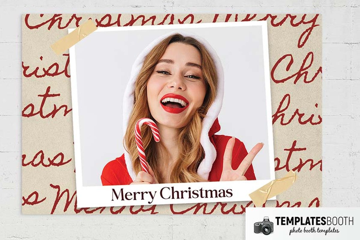 Christmas party photo booth strip with cream and red script borders, angled white photo frames and beige tape