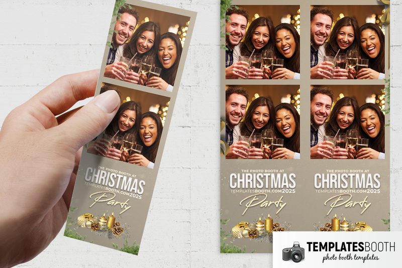 Christmas photo booth template: two-photo Christmas strip held beside two matching strips