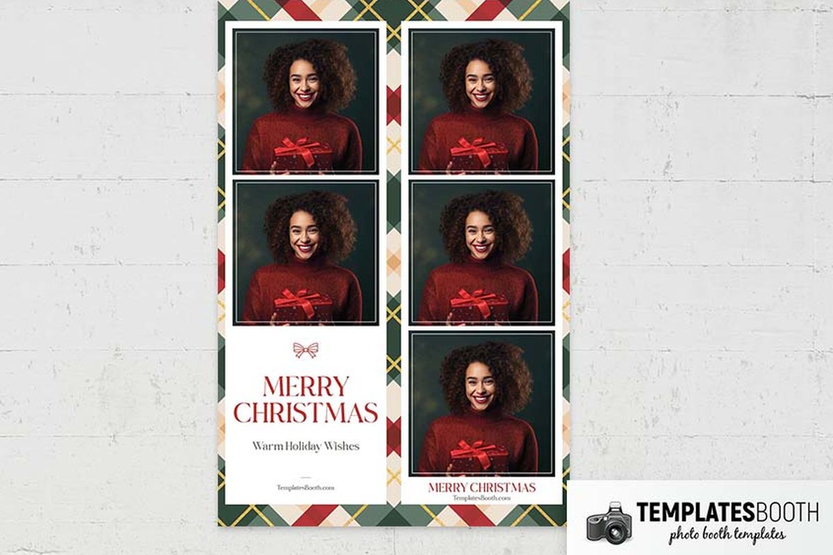 Christmas photo booth strip with diagonal red and green plaid, two white-bordered photos and a small red bow