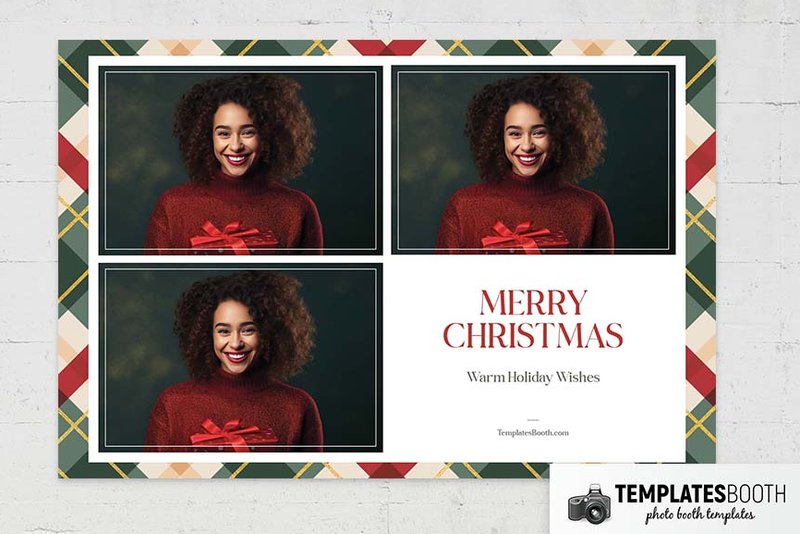 Christmas Plaid photo booth template: landscape Christmas print with three photos and greeting