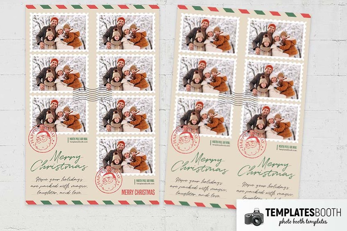 Christmas photo booth postcard strip with cream borders, red and green edging, stamp frames and a Santa postmark