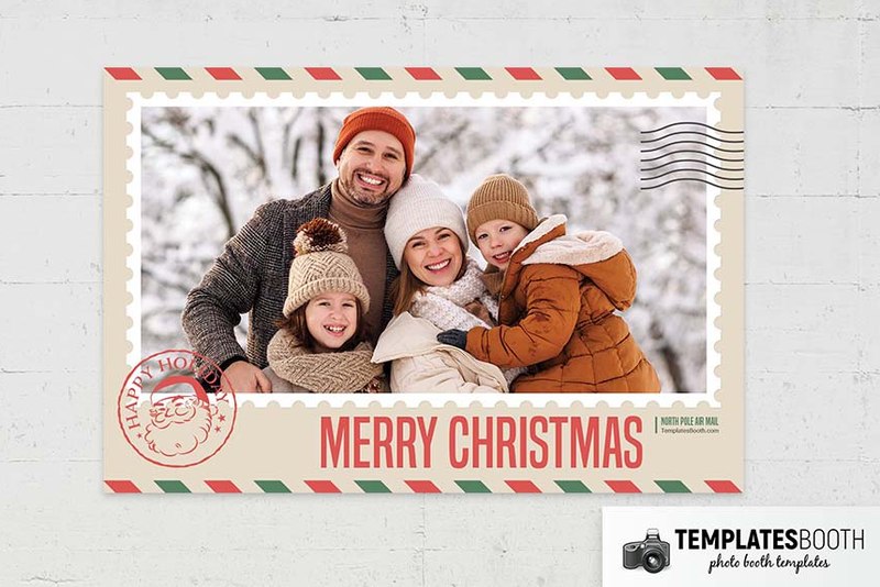 Christmas Postcard photo booth template: landscape Christmas print with one photo above Merry Christmas text