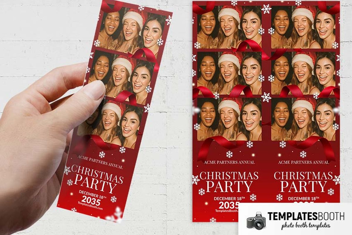 Christmas photo booth layouts with deep red borders, white snowflakes, curling red ribbons and white serif text