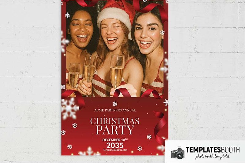 Christmas Snowflakes photo booth template: red portrait Christmas layout with one photo above party text