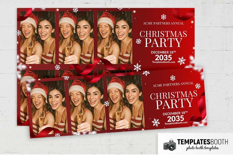 Christmas Snowflakes photo booth template: overlapping horizontal Christmas strips with three photos and party text