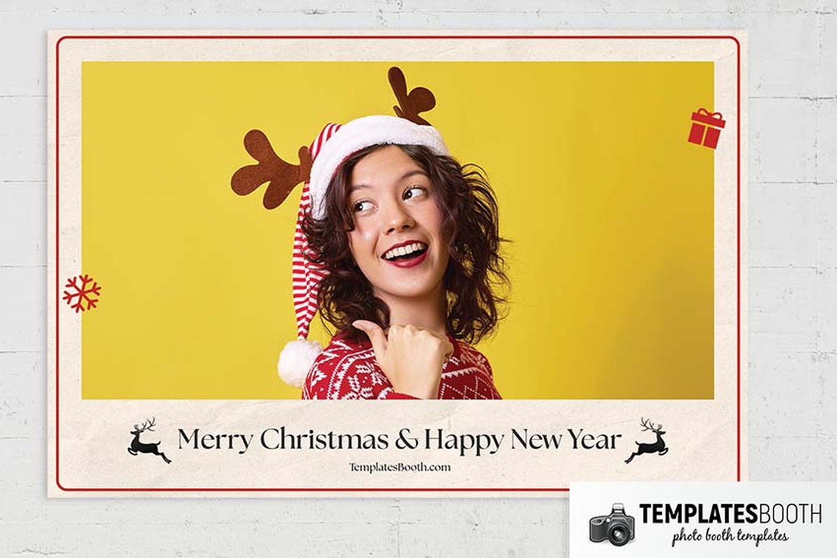 Cream Christmas photo booth ticket strip with three photos, a black reindeer and a red-lined ticket grid