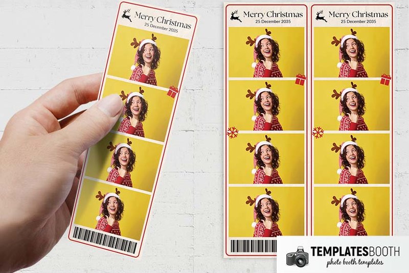 Christmas Ticket photo booth template: christmas strip with four stacked photos held in a hand