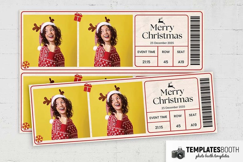 Christmas Ticket photo booth template: overlapping horizontal Christmas strips with two photos each