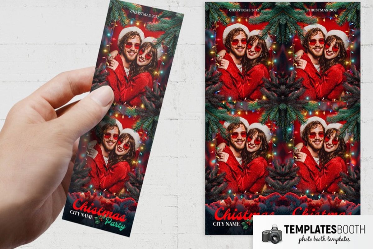 Christmas photo booth template framed by dark green pine branches, multicolored string lights and red foliage