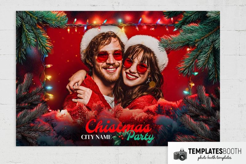 Christmas Tree photo booth template: landscape Christmas print with one photo on a brick wall